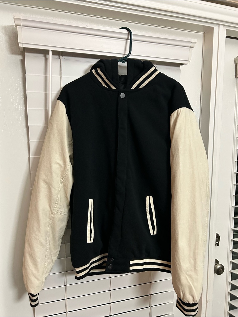 Black and Cream Hooded Varsity Jacket - Unbranded